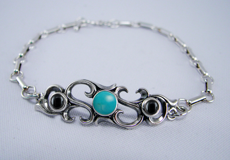 Sterling Silver Filigree Bracelet With Turquoise And Hematite